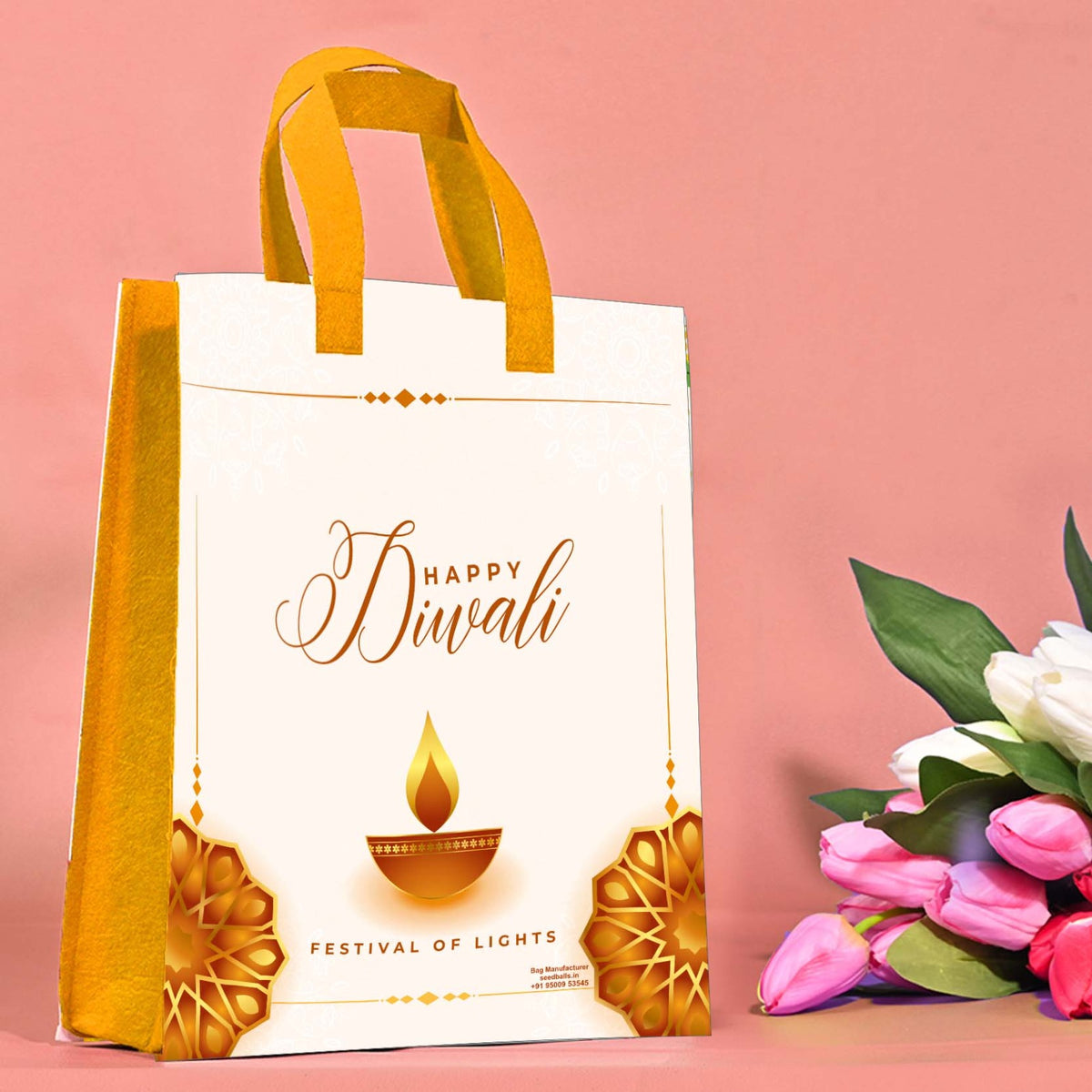 Eco-Friendly Diwali Return Gift Bags Custom Printed Tote from Recycled PET Bottles Add Brand Logo Design for Festive Corporate Gifting