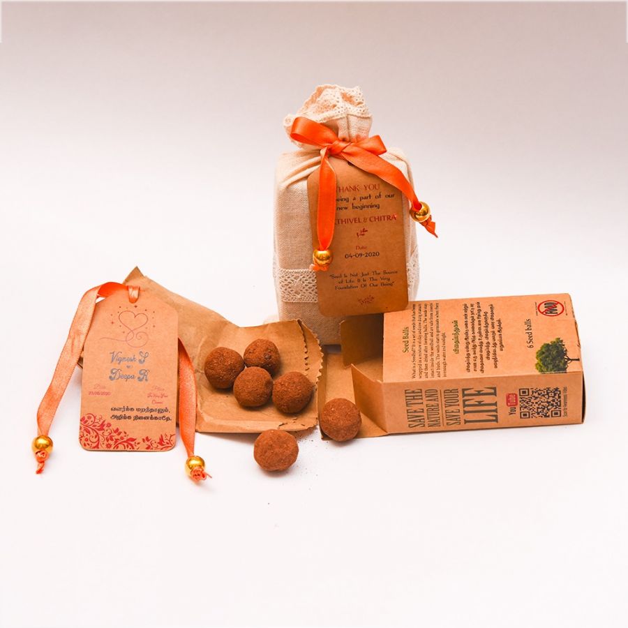Customize Return Gift. Pack of 6 seed balls Box with Premium Cotton Bag - Orange Ribbon